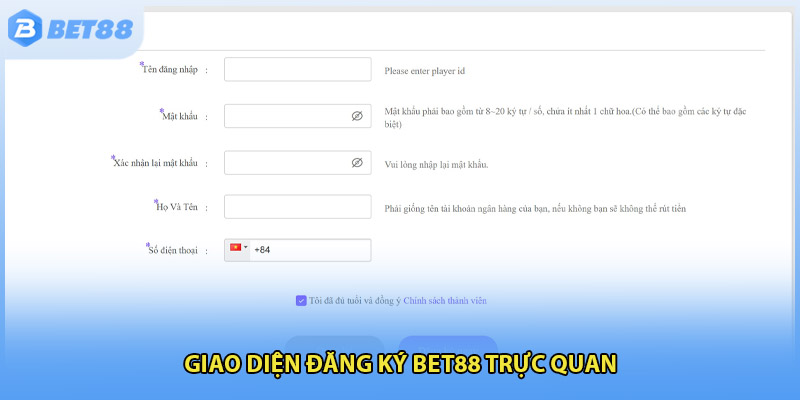 Giao diện đăng ký Bet88 trực quan