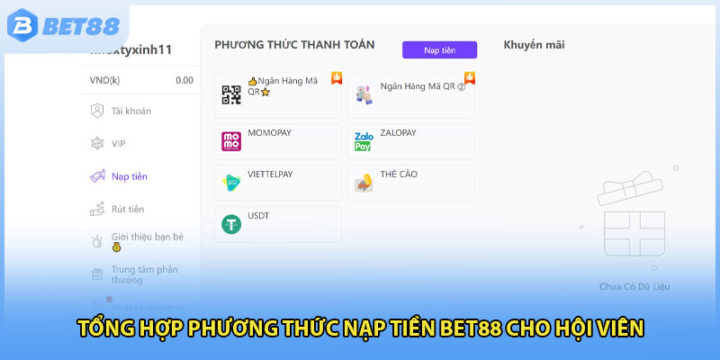 Tổng hợp phương thức nạp tiền Bet88 cho hội viên